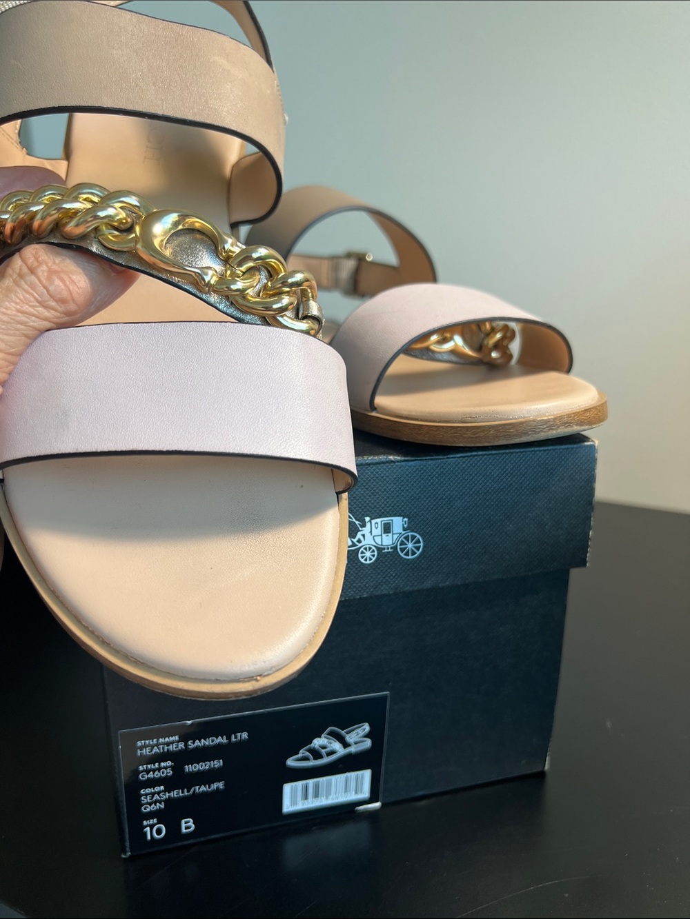 Coach Women’s Seashell Taupe Sandals with Gold Chain Accent